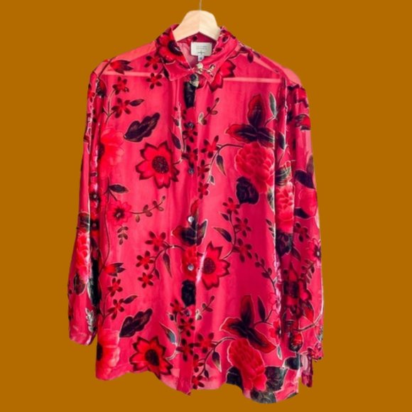 Kathleen Sommers Tops - Kathleen Sommers Velvet Floral on Red Sheet Shirt
